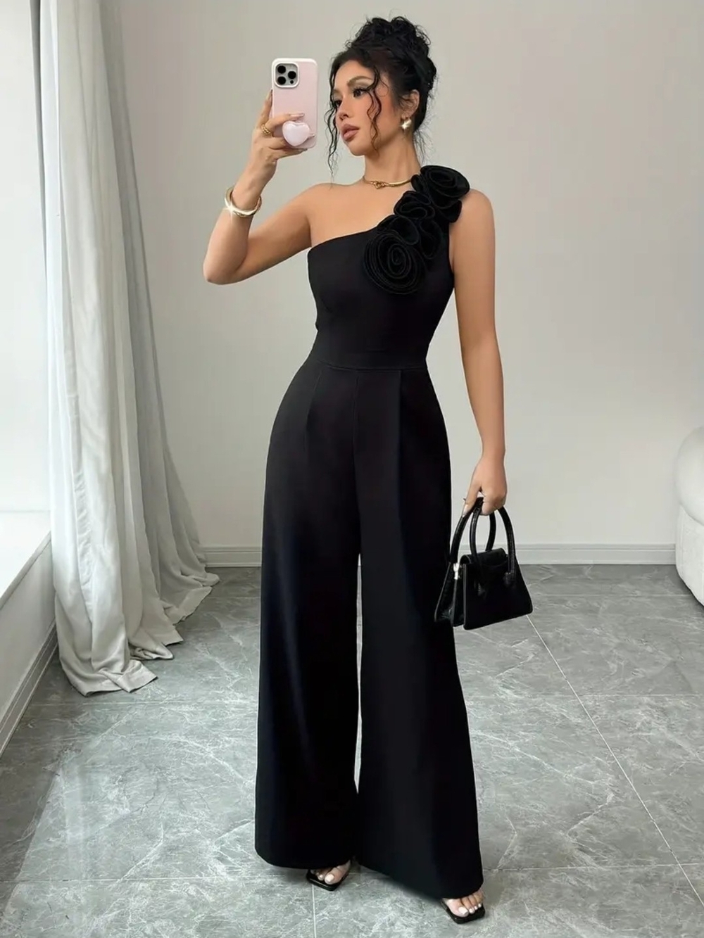 Elegant One-Shoulder Black Wide Leg Jumpsuit with Flowers Accent